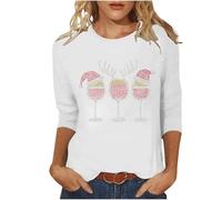KUIH Christmas Jumpers for Women Glitter Xmas Tee Shirts Rhinestones Christmas Red Wine Glass Top Ladies Crewneck 3/4 Sleeve Blouse Shirts Oversized Pullover Novelty Funny Graphic Sweatshirts