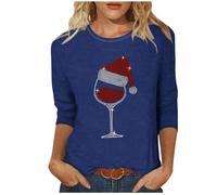 KUIH Christmas Jumpers for Women Glitter Xmas Tee Shirts Rhinestones Christmas Red Wine Glass Top Ladies Crewneck 3/4 Sleeve Blouse Shirts Oversized Pullover Novelty Funny Graphic Sweatshirts