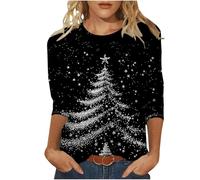 KUIH Christmas Tshirt for Women UK, Christmas Tree Print Tunic Tops 3/4 Sleeve Tops Lightweight Crew Neck Pullover Tops Casual Jumper for Women Novelty Tee Shirts Ladies Xmas Blouse Holiday