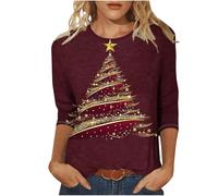 KUIH Christmas Tshirt for Women UK, Christmas Tree Print Tunic Tops 3/4 Sleeve Tops Lightweight Crew Neck Pullover Tops Casual Jumper for Women Novelty Tee Shirts Ladies Xmas Blouse Holiday