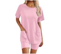 KUIH Co Ord Sets For Women Short Lounge Wear Sets Plain Short Sleeve Pyjamas Tops and Shorts 2 Piece Outfits Ladies Cotton Pj Set Casual Tracksuits Gym Outfits Yoga Lounge Set