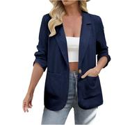 KUIH Cotton Linen Long Sleeve Blazers Women UK Suit Jackets One Button with Pocket Outerwear Notched Lapel Lightweight Jackets Business Office Work Casual Cardigan Coat for Summer Wedding Party Navy