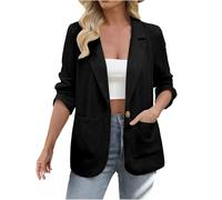 KUIH Cotton Linen Long Sleeve Blazers Women UK Suit Jackets One Button with Pocket Outerwear Notched Lapel Lightweight Jackets Business Office Work Casual Cardigan Coat for Summer Wedding Party Black