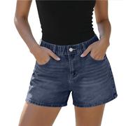 KUIH Denim Shorts for Women High Waisted Bermuda Shorts with Pockets Lightweight Stretch Jeans Classic Casual Elastic Waist Mini Pants for Summer Beach Travel Outdoor Dark Blue