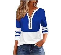 KUIH Half Zip Sweatshirt Women Long Sleeve Top Pullover Lightweight Casual Dressy Tunic Tops 1/2 Zip Striped Jumper Cotton T Shirts Sweater Blouse Spring Autumn Top for Work Office Going Out Blue