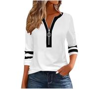 KUIH Half Zip Sweatshirt Women Long Sleeve Top Pullover Lightweight Casual Dressy Tunic Tops 1/2 Zip Striped Jumper Cotton T Shirts Sweater Blouse Spring Autumn Top for Work Office Going Out White