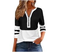 KUIH Half Zip Sweatshirt Women Long Sleeve Top Pullover Lightweight Casual Dressy Tunic Tops 1/2 Zip Striped Jumper Cotton T Shirts Sweater Blouse Spring Autumn Top for Work Office Going Out Black