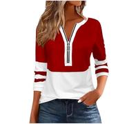 KUIH Half Zip Sweatshirt Women Long Sleeve Top Pullover Lightweight Casual Dressy Tunic Tops 1/2 Zip Striped Jumper Cotton T Shirts Sweater Blouse Spring Autumn Top for Work Office Going Out Red
