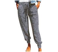 KUIH Harem Pants for Women UK Elastic High Waist Leopard Print Trousers Cotton Cuffed Leg Trousers Ladies Joggers Yoga Ladies Lounge Pants with Pockets and Drawstring Holiday Bottoms