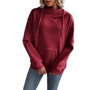 KUIH Hoodies for Women Cowl Neck Hooded Sweatshirt Drawstring Pullover Sweaters Loose Fit Long Sleeve Tops Plain Jumpers Womens Fleece Lined Hoodie Warm Top Autumn Winter Tops with Pocket Red