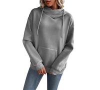 KUIH Hoodies for Women Cowl Neck Hooded Sweatshirt Drawstring Pullover Sweaters Loose Fit Long Sleeve Tops Plain Jumpers Womens Fleece Lined Hoodie Warm Top Autumn Winter Tops with Pocket Gray