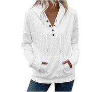 KUIH Hoodies for Women UK Drawstring Hooded Jumper Pullover Button V Neck Long Sleeve Sweatshirt Cable Tunic Sweater Ladies Fleece Sweatshirt Autumn Winter Top Basic Sweaters Women Thermal Tops