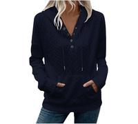 KUIH Hoodies for Women UK Drawstring Hooded Jumper Pullover Button V Neck Long Sleeve Sweatshirt Cable Tunic Sweater Ladies Fleece Sweatshirt Autumn Winter Top Basic Sweaters Women Thermal Tops