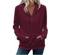 KUIH Hoodies for Women UK Drawstring Hooded Jumper Pullover Button V Neck Long Sleeve Sweatshirt Cable Tunic Sweater Ladies Fleece Sweatshirt Autumn Winter Top Basic Sweaters Women Thermal Tops