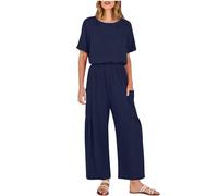 KUIH Jumpsuit for Women UK Cotton Linen Short Sleeve Crew Neck Casual Jumpsuits with Pockets Summer Casual Playsuits All in One Trousers Jumpsuit Athletic Workout Onesie Ladies Overalls Daily Wear