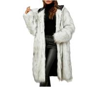 KUIH Ladies Fur Coat with Hood Long Faux Furry Jacket Plus Size Winter Coat Mid Length Coat Top Long Sleeves Winter Jacket Ladies Longline Plush Cardigan Elegant Casual Outerwear with Pocket White