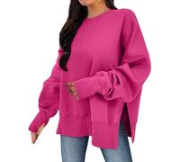 KUIH Ladies Jumpers Fleece Tops Long Sleeve Pullover Women's Sweaters Autumn Winter Casual Warm Crew Neck Sweatshirts for Women UK Plus Size with Side Split Streetwear Ladies Tops Tunics Hot Pink