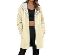 KUIH Ladies Longline Hoodies Full Zip Longer Length Sweatshirt Solid Casual Women Long Fleece Lined Jackets Winter Coats Warm Hooded Cardigan Long Sleeve Outerwear Fall Outfits for Women