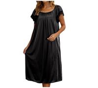KUIH Ladies Nighties Silk Satin Nightdress Lace Short Sleeve Nighties Scoop Neck Sleep Dress Womens Negligees Elegant Long Nightgown Women's Nightwear Plus Size Night Shirts for Women UK Black