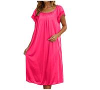 KUIH Ladies Nighties Silk Satin Nightdress Lace Short Sleeve Nighties Scoop Neck Sleep Dress Womens Negligees Elegant Long Nightgown Women's Nightwear Plus Size Night Shirts for Women UK Hot Pink
