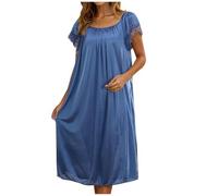 KUIH Ladies Nighties Silk Satin Nightdress Lace Short Sleeve Nighties Scoop Neck Sleep Dress Womens Negligees Elegant Long Nightgown Women's Nightwear Plus Size Night Shirts for Women UK Blue