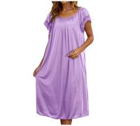 KUIH Ladies Nighties Silk Satin Nightdress Lace Short Sleeve Nighties Scoop Neck Sleep Dress Womens Negligees Elegant Long Nightgown Women's Nightwear Plus Size Night Shirts for Women UK Light Purple