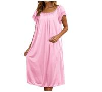 KUIH Ladies Nighties Silk Satin Nightdress Lace Short Sleeve Nighties Scoop Neck Sleep Dress Womens Negligees Elegant Long Nightgown Women's Nightwear Plus Size Night Shirts for Women UK Pink