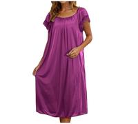 KUIH Ladies Nighties Silk Satin Nightdress Lace Short Sleeve Nighties Scoop Neck Sleep Dress Womens Negligees Elegant Long Nightgown Women's Nightwear Plus Size Night Shirts for Women UK Purple