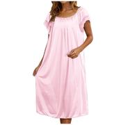 KUIH Ladies Nighties Silk Satin Nightdress Lace Short Sleeve Nighties Scoop Neck Sleep Dress Womens Negligees Elegant Long Nightgown Women's Nightwear Plus Size Night Shirts for Women UK Light Pink