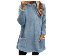 KUIH Ladies Oversized Hoodie Fluffy Fleece Tops Longline Warm Jumpers Autumn Winter Oversized Sweatshirt with Pockets Soft Plush Double Fleece Hoody Plain Teddy Bear Sweaters Baggy Blouses