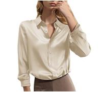 KUIH Ladies Satin Shirt Long Sleeve Button Down Blouse Collared Casual Elegant Dressy Shirt Casual V Neck Long Sleeve Tunic Top for Office Work Beige