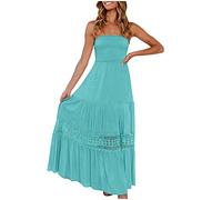 KUIH Ladies Summer Dresses Strapless Long Beach Dress Boho Boob Tube Gather Bandeau Dresses High Waist A-Line Lace Dress Women Plus Size Sundress Holiday Club Partywear