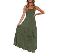 KUIH Ladies Summer Dresses Strapless Long Beach Dress Boho Boob Tube Gather Bandeau Dresses High Waist A-Line Lace Dress Women Plus Size Sundress Holiday Club Partywear
