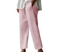KUIH Ladies Summer Trousers Striped Linen Pants Elastic High Waist Trousers Ladies Straight Leg Lounge Pants with Pockets and Drawstring Women Palazzo Smart Office Work Bottoms