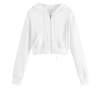 KUIH Ladies Zip Up Hoodies Casual Plain Crop Jacket Lightweight Long Sleeve Sweatshirt with Pockets Spring Summer Jackets Full Zip Hooded Tops y2k Clothes Hip-Hop Trendy Outfits Streetwear White