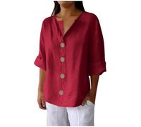 KUIH Linen Blouses for Women UK V Neck Long Sleeve Shirts Cotton Linen Tops Lightweight Casual Loose Button Tunic Tops Holiday Summer Plain Boho Tee T Shirts Plus Size Going Out Wear