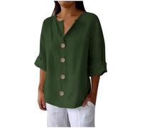 KUIH Linen Blouses for Women UK V Neck Long Sleeve Shirts Cotton Linen Tops Lightweight Casual Loose Button Tunic Tops Holiday Summer Plain Boho Tee T Shirts Plus Size Going Out Wear
