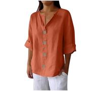 KUIH Linen Blouses for Women UK V Neck Long Sleeve Shirts Cotton Linen Tops Lightweight Casual Loose Button Tunic Tops Holiday Summer Plain Boho Tee T Shirts Plus Size Going Out Wear