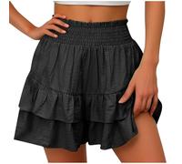 KUIH Linen Shorts for Women UK Clearance High Waisted Ruffle Shorts with Skirt Overlay Elastic Waist Casual Shorts Ladies Dressy Shorts Wide Leg Culottes Shorts Loose Summer Beach Shorts