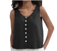 KUIH Linen Tops for Women UK Clearance Sleeveless Buttton Down Shirt Casual Loose Tank Tops Women Scoop Neck Blouse Tops Ladies Summer Tops Women's Linen Camisole Summer Tshirts Plus Size Black