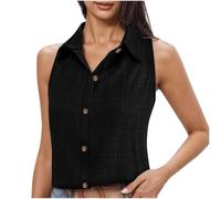 KUIH Linen Tops Womens Sleeveless Shirts Button Down Collared Blouse Tops Ladies Summer Tops Sleeveless Tank Top Cami Shirt Loose Casual Vest Tops Cotton Linen Camisole Shirt Office Work Top Black