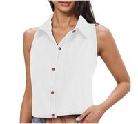 KUIH Linen Tops Womens Sleeveless Shirts Button Down Collared Blouse Tops Ladies Summer Tops Sleeveless Tank Top Cami Shirt Loose Casual Vest Tops Cotton Linen Camisole Shirt Office Work Top White
