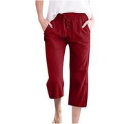 KUIH Linen Trousers Womens Capri Trousers Ladies 3/4 Cropped Pants UK Sale Clearance Ladies Pull on Trousers Elasticated Waist Drawstring Trousers with Pocket Summer Cotton Linen Trousers Casual