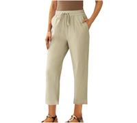 KUIH Linen Trousers Womens Cotton Linen Cropped Trousers Womens Drawstring Elastic Waist 3/4 Length Trouser Straight Leg Beach Pants for Ladies Casual Walk Bottoms