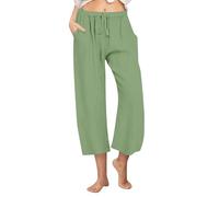 KUIH Linen Trousers Womens Elastic Waist Cropped Trousers Lightweight Summer Capri Pants with Pockets Ladies Casual Linen 3/4 Length Trouser Straight Leg Beach Pants Tracksuit Bottoms