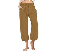 KUIH Linen Trousers Womens Elastic Waist Cropped Trousers Lightweight Summer Capri Pants with Pockets Ladies Casual Linen 3/4 Length Trouser Straight Leg Beach Pants Tracksuit Bottoms