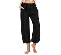 KUIH Linen Trousers Womens Elastic Waist Cropped Trousers Lightweight Summer Capri Pants with Pockets Ladies Casual Linen 3/4 Length Trouser Straight Leg Beach Pants Tracksuit Bottoms