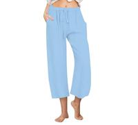 KUIH Linen Trousers Womens Elastic Waist Cropped Trousers Lightweight Summer Capri Pants with Pockets Ladies Casual Linen 3/4 Length Trouser Straight Leg Beach Pants Tracksuit Bottoms