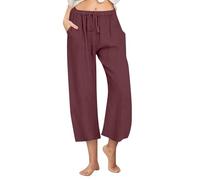 KUIH Linen Trousers Womens Elastic Waist Cropped Trousers Lightweight Summer Capri Pants with Pockets Ladies Casual Linen 3/4 Length Trouser Straight Leg Beach Pants Tracksuit Bottoms