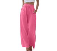 KUIH Linen Trousers Womens Elasticated Waist Wide Leg Trousers with Pockets Ladies Cotton Linen Pants Casual Loose Palazzo Pants Travel Holiday Beach Bottoms Lounge Wear